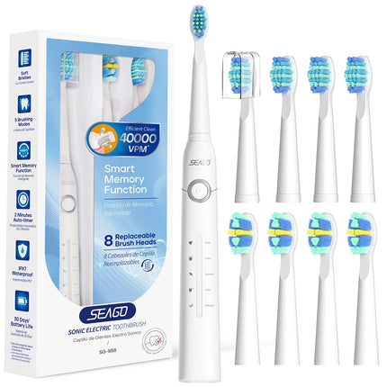 Seago Electric Toothbrush Adults Toothbrush 30 Days Long Battery Life 2Minutes Smart Timer 5 Modes with 8 Replacement Brush Head