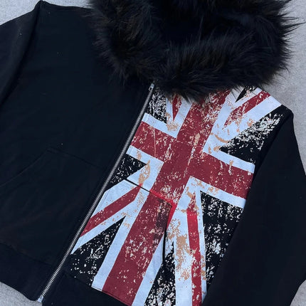 2025 Leather Collar National Flag Printed Zipper Sweatshirt Long Sleeve Pullover Hoodie Retro Jacket Street Y2K Popular Haircoat