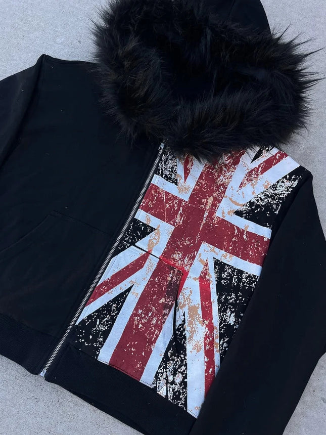 2025 Leather Collar National Flag Printed Zipper Sweatshirt Long Sleeve Pullover Hoodie Retro Jacket Street Y2K Popular Haircoat