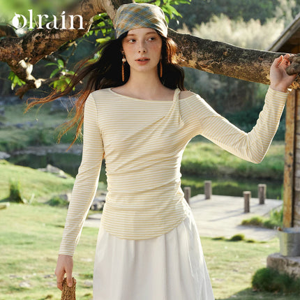 OLrain Women's Striped Tops 2026 Spring French Style Hollow Out Ladies T-shirts Casual Slim Fit Folds Female Tees O58CT003055