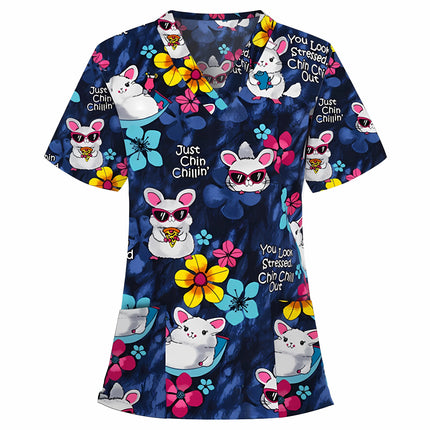 Womens T-Shirts Medical Nursing Uniform Clinical Uniform Woman V-Neck Short Sleeve T Shirt Tops With Pocket Women's Clothing