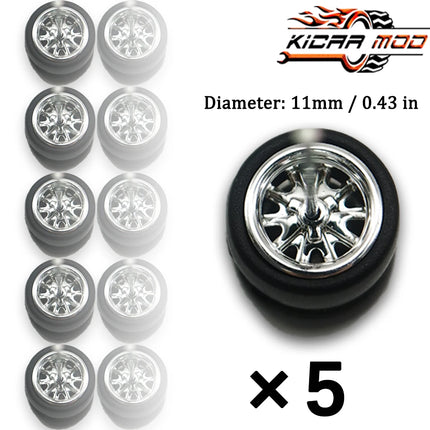 1/64 Model Wheels Rubber Slick Tires ABS Wheels for Hot Wheels  Tomica Mainline Diecast Model Car Refit Parts-Dia 11mm (5 Set)