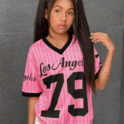 Girls Casual Sports Style Los Angeles NO.79 Print Short Sleeve V-Neck Women's Children Men's T-shirt Tops