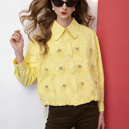 Women Cropped Lace Blouse Beaded Embellished Shirt Loose Fit Long Sleeve Fashion Shirt Top