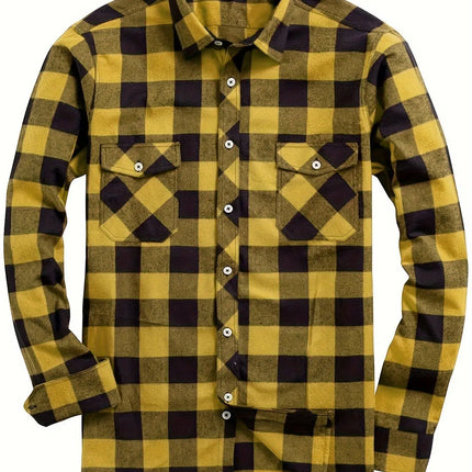 Men's Fashion Casual Flannel Plaid Shirt Long Sleeve Lapel Soft Comfortable Daily Wear Shirt Men's Classic Plaid Shirt