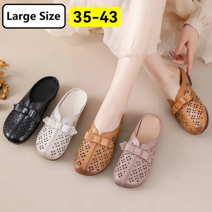 New Women's Breathable Perforated Leather Mules Vintage Tassel Slip on Flats Woman Casual Summer Shoes Hollow Slippers Outdoor