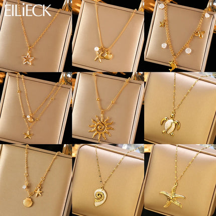 EILIECK 316L Stainless Steel Pearl Shell Starfish Sun Charm Necklace For Women Ocean Style Gold Plated Handmade Holiday Jewelry