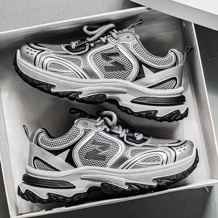 Men's Chunky Silver/White Sneakers | Retro Dad Shoes with Thick Platform Sole | Breathable Mesh Upper