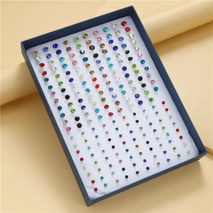 New Arrival 100Pair Mixed Size Color Cubic Zircon Stud Earrings Set Shine Crystal Ear Studs for Men&Women Punk Party Jewelry