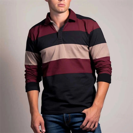 Casual Striped Graphic Polo Shirts For Men Simple Autumn Business 3D Printed Long Sleeve Golf Polo Loose Breathable Lapel Tops