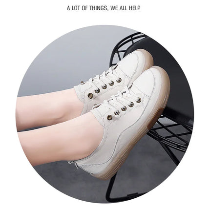 Genuine Leather Women Soft Sole Walking Shoes Girl Student Jogging Sneaker White Black Flats Female Casual Skate Trainers Summer