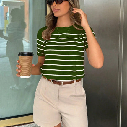 Women Striped Casual Versatile T-Shirt Graphic Tees Round Neck Loose Classic Short Sleeve Vacation Entertainment Commuter Top