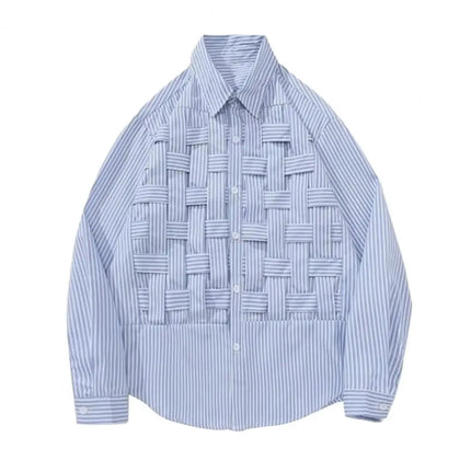 Men Fall Shirt Weaving Striped Print Individual Long Sleeve Cardigan Single-breasted Loose Cardigan Braided Men Spring Top