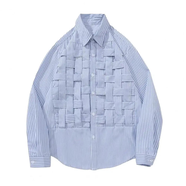Men Fall Shirt Weaving Striped Print Individual Long Sleeve Cardigan Single-breasted Loose Cardigan Braided Men Spring Top