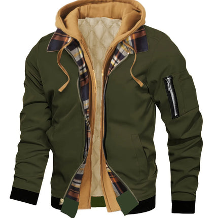 Spring Autumn Men's Hooded jacket, Fake 2-piece Design, Checkered Lining, Multiple Pockets, Warm and Casual, Suitable For Flying