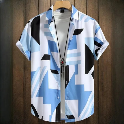 2026 Summer Men's Short-Sleeve Shirt with Asymmetrical Print Hawaiian-Style Collar Plus Size Casual Men's Wear