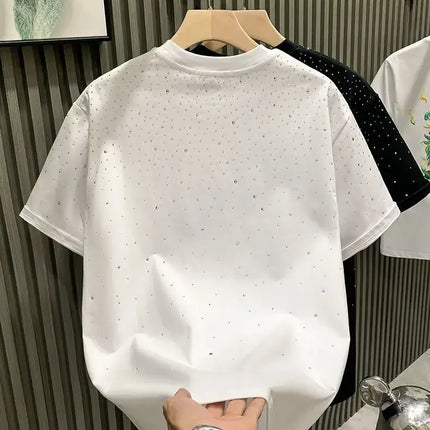 Summer Rhinestone Rivet T-shirt for Men Clothing Round Neck Casual T-shirt Fashion High Street 2025 Men's Summer Short Sleeves