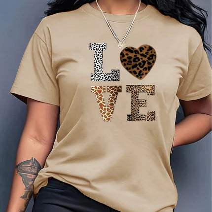 Fashion White "Love" Leopard Heart Pattern T-shirt-Casual round Neck Short Sleeves Casual T-shirt Leopard Heart Pattern