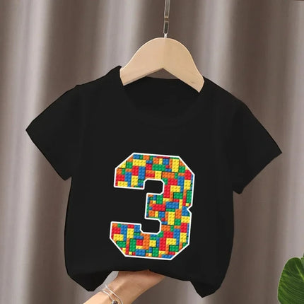 Summer Cotton Children's T-Shirt Building Blocks Bricks Print Number Cartoon Kid 2-9Y Birthday Funny Baby Tee Top Boy Girl Clothes