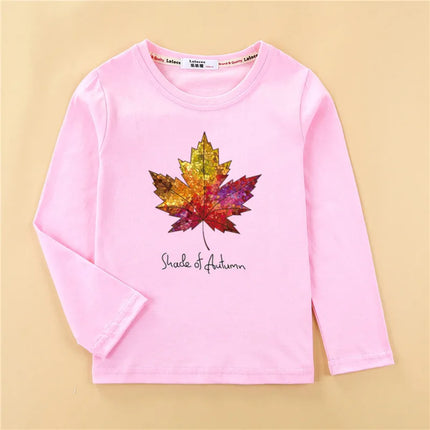 Autumn Maple Leaf T-Shirts Kids Long Sleeve Shirts Boys Fashion Print Tops Girls Spring Cotton Clothing 3-14T
