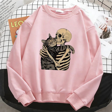Vintage High Quality Retro Skull with Cat Womens Hoodies Warm Fleece Sweatshirt Soft O-Neck Pullover Casual Female Clothes