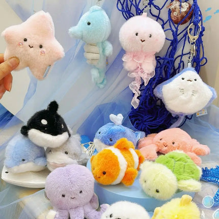 Soft Ocean Animal Plush Keychain Small Turtle Kawaii Fluffy Whale Keyring PP Cotton Octopus Press Sound Pendant Birthday Gift
