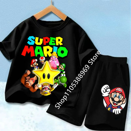 Super Marios Printed Kids Tracksuit Set Short Sleeve T Shirt & Loose Shorts 2PCS Casual Outfit For Boys And Girls Age 3-12