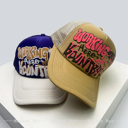 New Unisex Cartoon Character Graffiti Printed Letter Baseball Hats Sunshade Color Block Breathable Trucker Caps Versatile Mesh