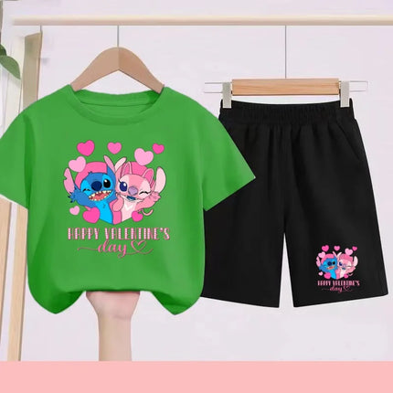 Disney 2026 Summer Round-neck Short-sleeved Set Girl Stitch Printed T-shirt Fashion Child Top+Shorts Casual Daily Sportswear Set