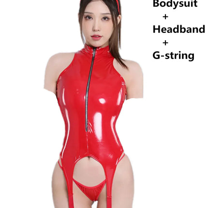 Womens Sexy Erotic Latex Leather Bodysuit Cupless Crotchless Teddy Leather Lingerie Latex Catsuit Fetish Teddies Costume