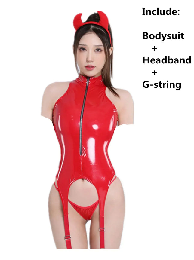 Womens Sexy Erotic Latex Leather Bodysuit Cupless Crotchless Teddy Leather Lingerie Latex Catsuit Fetish Teddies Costume