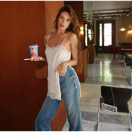 Women Lace Patchwork Sling Top Sexy V-neck Sleeveless Side Split Solid Color Vest 2025 New Summer Lady Party Vacation Tops
