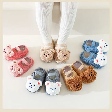 Cartoon Bear Baby Shoes Winter Thick Warm Newborn Shoes Non-slip Soled Soft Plush Toddler Kids Boy Girls Infant First Walkers