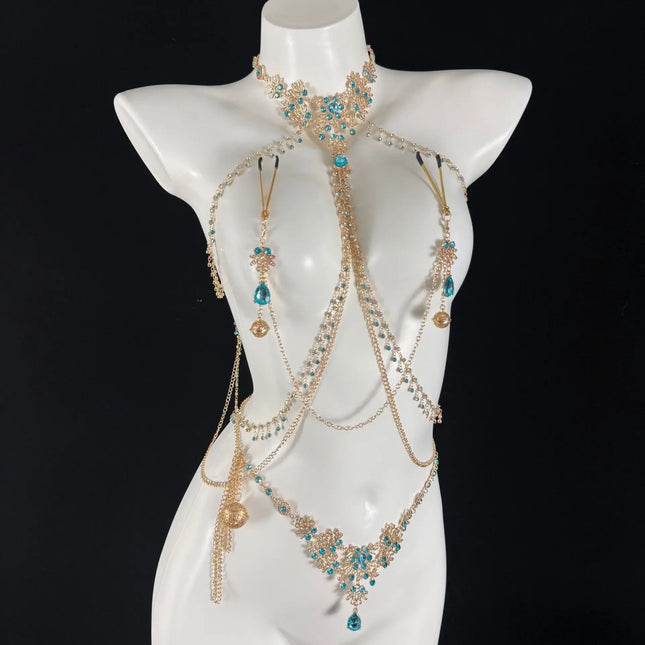 Sexy Sapphire Collar Body Chain Multiple Styles of Nipple Clamps Chest Restraint Fetish Female Accessories SM Anal Self-Pleasure