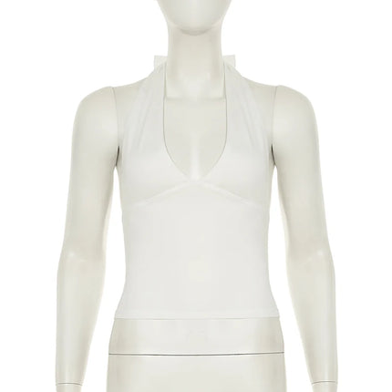 SUCHCUTE Y2K Solid Backless Halter Crop Top Women Sexy Sleeveless Low Cut V-neck Tank Tops Summer Casual Slim Vest Coquette 2025