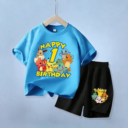 Cute Pikachu Birthday Kids Clothes Set Pokemons Number T Shirt Shorts 2pcs Children Tracksuit Summer Cartoon Boy Sportswear Suit