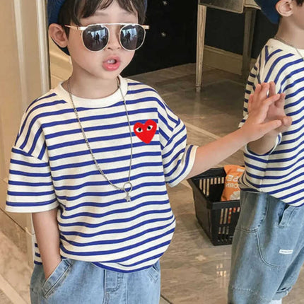 Summer Children's Cotton T-Shirt, Striped Round Neck, Short Sleeve, Kids' Top, Trendy Little Girl, Casual Cartoon Print, Sweat-Absorbing...