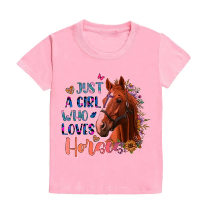 Just A Girl Who Loves Horses Print Kids T-shirt Toddler Short Sleeve Shirt Girls Cute Casual Clothes Children Summer Tee