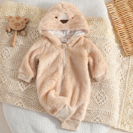 Baby Plush Romper with Hat Adorable Pet Design Winter Warm Baby Comfortable Clothing Pet Shape Baby Bodysuit for Babies