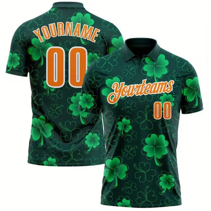 Customizable Name And Number Men'S St. Patrick'S Day Polo Shirt Green Clover Print Casual Short Sleeve Button Up Polo Shirts