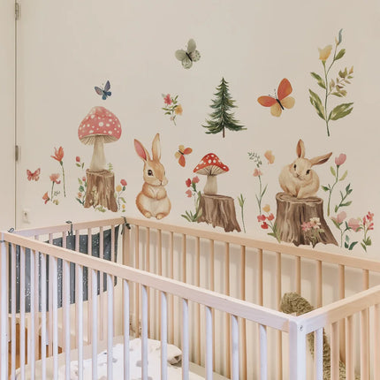 Cartoon Little Rabbit Tree Stump Forest Bedroom Living Room Home Wall Background Beautification Decorative Wall Stickers