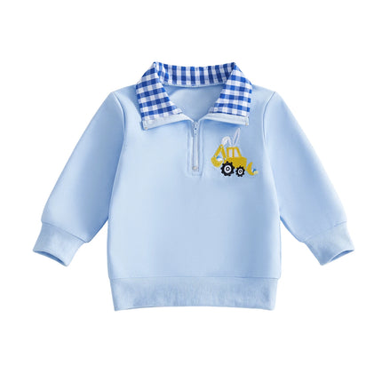 Kids Sweatshirt Long Sleeve Turn-down Collar Plaid Embroidery Hoodie Pullover Easter Clothes for Boys Girls
