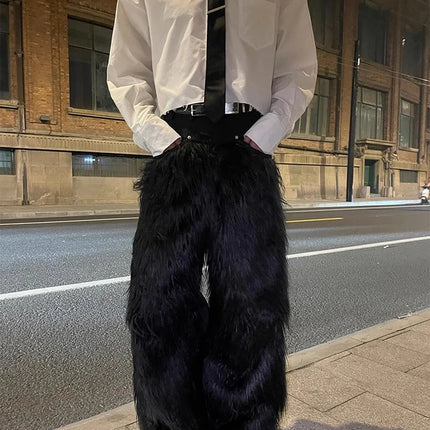 Mauroicardi Autumn Winter Long Black Thick Warm Hairy Shaggy Faux Fur Wide Leg Pants for Mens Luxury Designer Clothes Streetwear