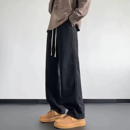 Men Elastic Drawstring Wide Leg Jeans Loose Straight High Waist Baggy Denim Pants Streetwear Hip Hop Trousers Spring