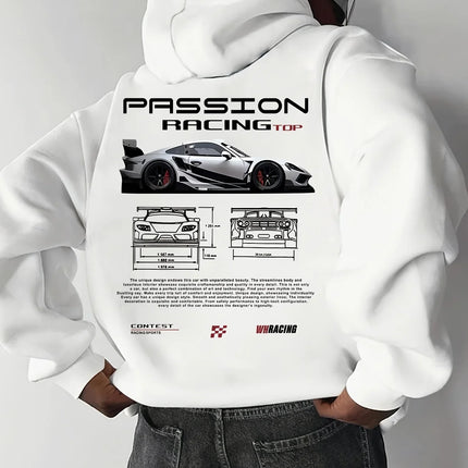 Popular digital pattern men's hooded sweatshirt with car-themed design, American-style casual sports long-sleeved shirt
