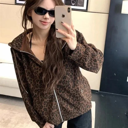 Women Y2K Leopard Hoodies Streetwear Loose Harajuku Retro Sweatshirts Hip Hop Fall American Vintage Female Long Sleeve Tops New