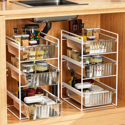 1-3 Tier Under Sink Organizer Pull Out Cabinet Storage Rack Sliding Shelf with Clear Drawers for Kitchen Bathroom Storage Rack