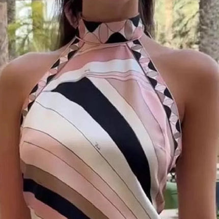 Summer Printed Women Crop Top Metal Strap Backless Lace Up Tank Chic Party Beach Strapless Vestidos 2025 Lady Vacation Clothing