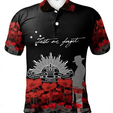 Men's Retro Summer Fashion Short-Sleeved Australian Military Commemorative Print Men's Polo Shirt with the Text "Lest We Forget", Poppy Pattern, Lapel Button-Down Short-Sleeved Casual Military Style Polo Shirt