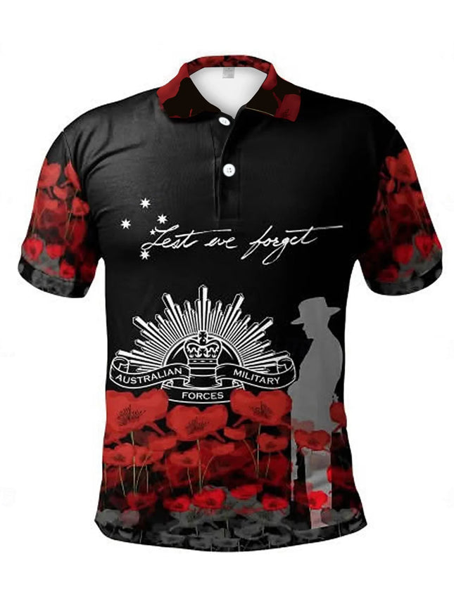 Men's Retro Summer Fashion Short-Sleeved Australian Military Commemorative Print Men's Polo Shirt with the Text "Lest We Forget", Poppy Pattern, Lapel Button-Down Short-Sleeved Casual Military Style Polo Shirt